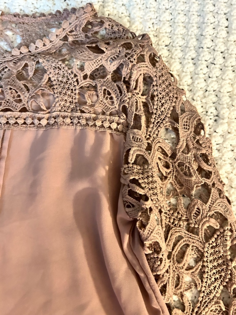 Women's Taupe Lace Yoke Long-Sleeve Blouse - Picture 4 of 16